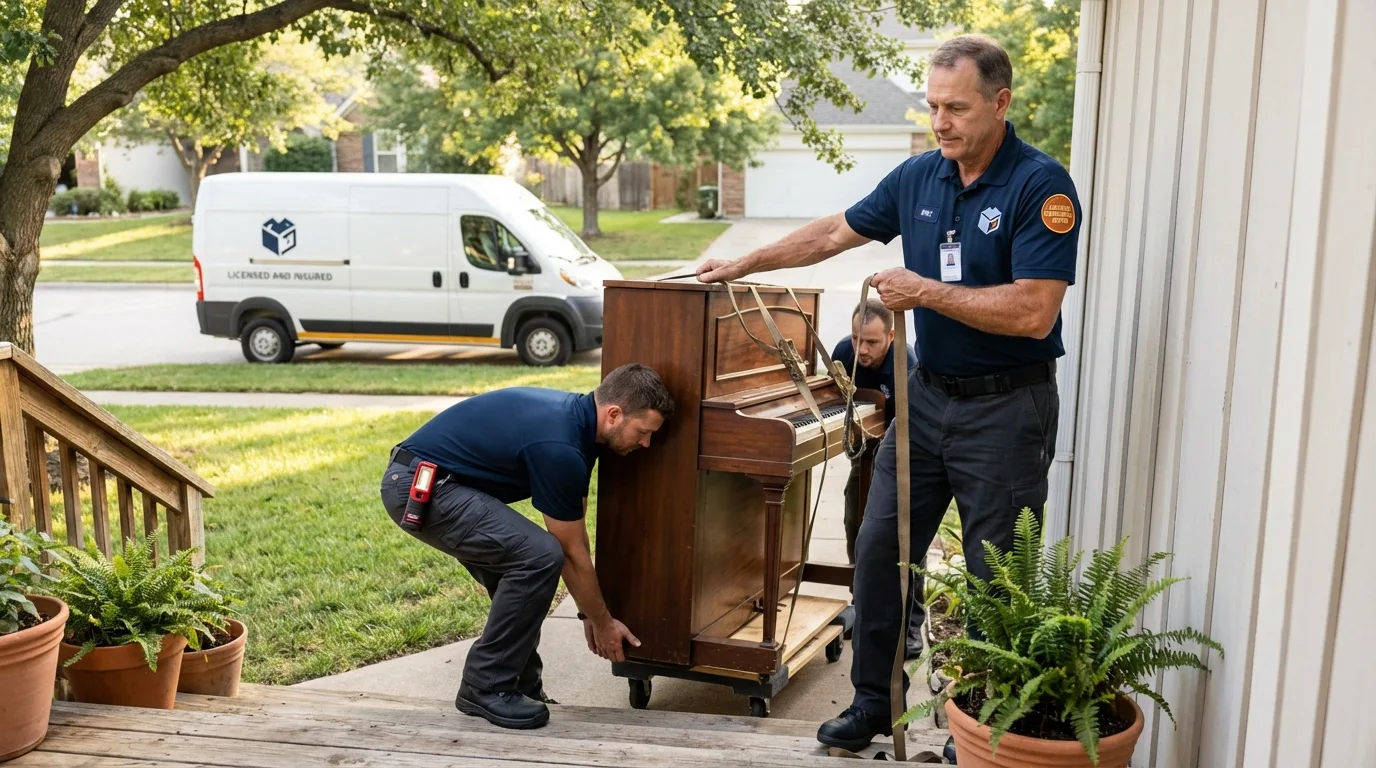 Licensed piano movers securing grand piano in Seeley Lake, MT