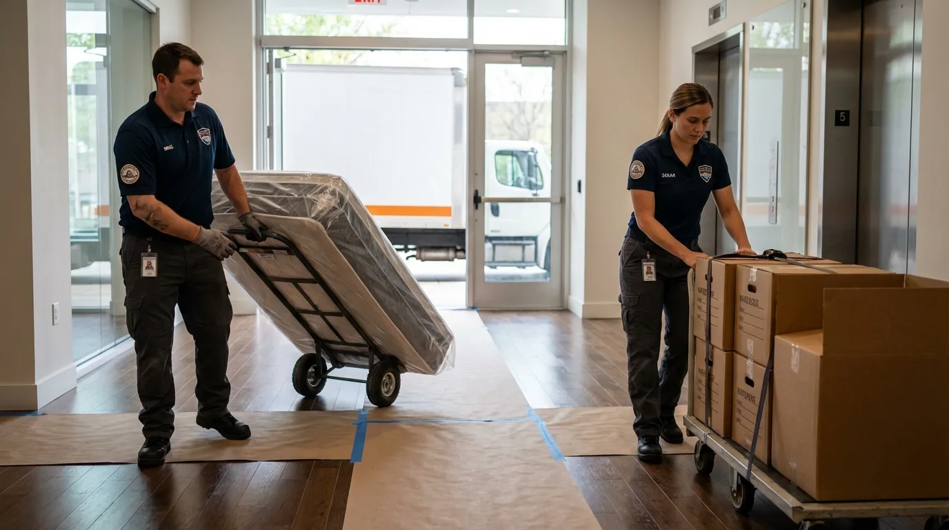 Professional apartment movers loading elevator in Seeley Lake, MT
