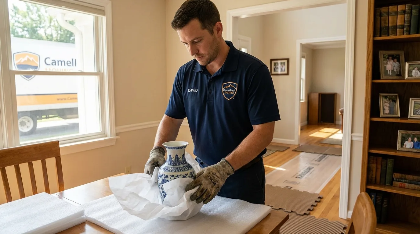 Professional crew carefully wrapping antique vase for senior downsizing move in Seeley Lake, MT